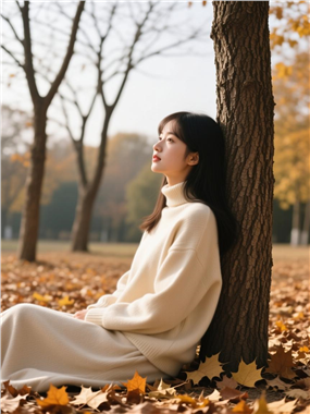 秋季树林浅色系羊毛衫美女写真图片